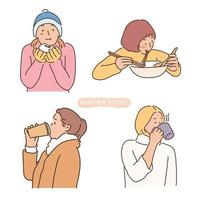 les gens mangeant de la nourriture chaude d'hiver. illustrations de conception de vecteur de style dessinés à la main.