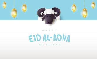 eid al adha mubarak la célébration de la calligraphie du festival de la communauté musulmane avec des moutons blancs vecteur