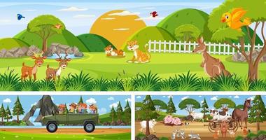 ensemble de paysage panoramique extérieur avec personnage de dessin animé vecteur