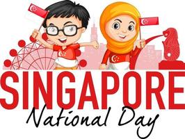 la fête nationale de singapour avec des enfants tient le personnage de dessin animé du drapeau de singapour vecteur