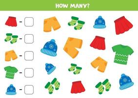 jeu de comptage avec des vêtements différents. comptez le nombre de chemises, de shorts, de jupes, de chaussettes et de casquettes. vecteur