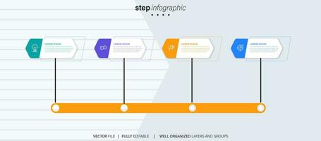 chronologie infographie avec infographie. moderne présentation modèle avec 4 spets pour affaires processus. site Internet modèle sur blanc Contexte pour concept moderne conception. horizontal mise en page. vecteur