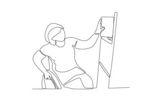Célibataire continu ligne dessin de une femme dans fauteuil roulant travail dans bibliothèque ranger étagères vecteur