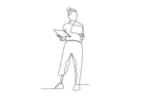Célibataire continu ligne dessin de une femme avec prothétique jambe en train de lire travail rapport vecteur