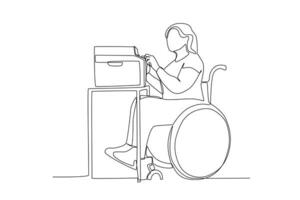 Célibataire continu ligne dessin de une femme dans fauteuil roulant impression des dossiers vecteur