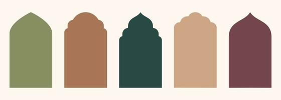 forme islamique porte et fenêtre silhouette arabe cambre avec symboles . collection de motifs dans Oriental style. cadres dans arabe musulman conception pour Ramadan Karim. vecteur mosquée porte isolé sur blanche.