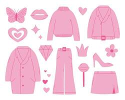 barbiecore ensemble. rose branché ensemble, rose poupée esthétique accessoires et vêtements. vecteur illustration