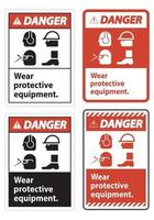 Signe de danger porter un équipement de protection, avec symboles ppe sur fond blanc, vector illustration