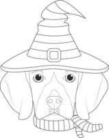 Halloween salutation carte pour coloration. beagle chien habillé comme une sorcière avec noir et vert chapeau et écharpe vecteur