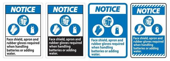 avis signe masque facial, tablier et gants en caoutchouc requis lors de la manipulation des piles ou de l'ajout d'eau avec des symboles EPI vecteur