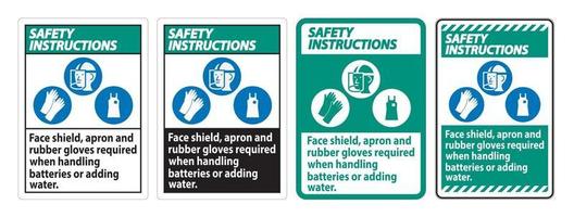 consignes de sécurité signe masque facial, tablier et gants en caoutchouc requis lors de la manipulation des piles ou de l'ajout d'eau avec des symboles EPI vecteur