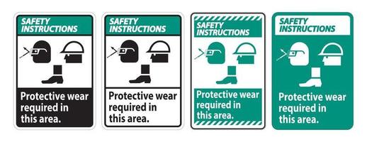les instructions de sécurité signent des vêtements de protection requis dans cette zone.avec des lunettes, un casque et des symboles de bottes sur fond blanc vecteur