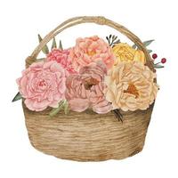 arrangement de fleurs de pivoine sur une illustration aquarelle de panier
