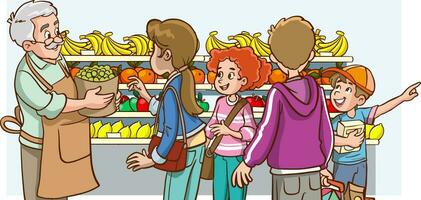 dessin animé illustration de une famille achats dans une supermarché ou épicerie boutique vecteur