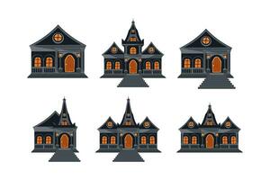 Halloween Château Icônes ensemble. une collection de dessin animé sombre Maisons avec une lanterne à le entrée avec les fenêtres et pas. un isolé bâtiment de une foncé couleur. vecteur illustration.