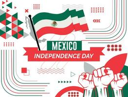 Mexique nationale journée bannière avec carte, drapeau couleurs thème Contexte et géométrique abstrait rétro moderne coloré conception avec élevé mains ou poings. vecteur