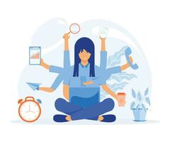 multitâche. temps gestion. concept de femme d'affaires pratiquant méditation. plat vecteur moderne illustration