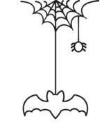 chauve souris pendaison sur une araignée la toile griffonnage contour ligne art, content Halloween effrayant ornements décoration vecteur illustration