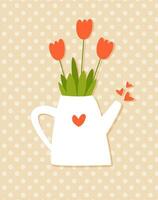 mignonne Facile tulipes dans une jardin arroseur vecteur illustration sur le polka point Contexte. printemps fleurs carte dans ancien style pour de la mère jour, anniversaire, aux femmes jour, romantique vacances et donc sur