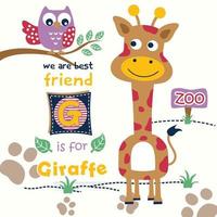 girafe et hibou dans le dessin animé drôle de zoo vecteur