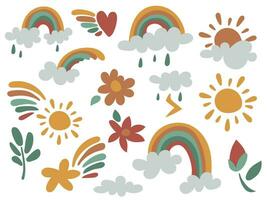 une ensemble de mignonne main dessins arc-en-ciel, soleil, nuage, étoile, temps dans boho style. éléments de une clipart avec dessin animé griffonnages pour une enfants chambre. conception de un invitation carte, anniversaire, enfants fête vecteur