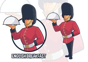 conception de mascotte de la garde royale se faisant passer pour un chef servant de la nourriture pour une cuisine anglaise authentique vecteur
