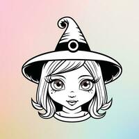 une noir et blanc illustration de une mignonne sorcière fille avec une lune chapeau vecteur