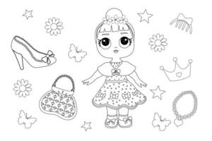 mignonne Princesse Fée avec mignonne collections et fleur terre vecteur dessin animé isolé contes de fées illustration coloration livre page pour les enfants