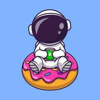 mignonne astronaute avec Donut et café dessin animé vecteur icône illustration. science nourriture icône concept isolé prime vecteur. plat dessin animé style