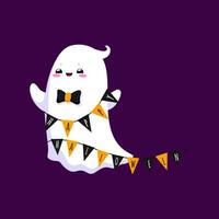 dessin animé Halloween kawaii fantôme avec drapeau guirlande vecteur