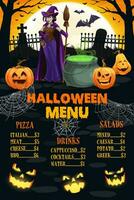 Halloween menu page avec sorcière, cimetière, citrouilles vecteur