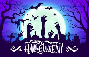 Halloween minuit lune cimetière avec zombi mains vecteur