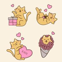 Collection de personnages de chat mignon avec fleur, cadeau, tablette de chocolat et coeur