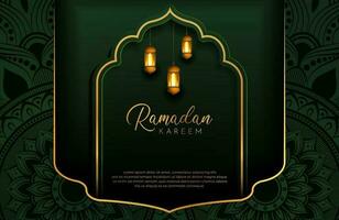 fond de ramadan kareem avec illustration vectorielle de style luxe couleur or et vert pour les célébrations du mois sacré islamique décoré de lanterne et d'arabesque de mandala vecteur