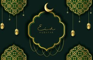fond eid mubarak dans un style de luxe illustration vectorielle de design islamique vert foncé avec lanterne d'or et croissant de lune pour les célébrations du mois sacré islamique vecteur