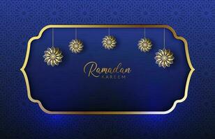 fond de ramadan kareem avec illustration vectorielle de style luxe couleur or et bleu pour les célébrations du mois sacré islamique orné d'arabesque de lune et de mandala vecteur