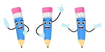 personnages de crayon coloré de mascotte debout et faisant différentes actions avec des expressions gaies vecteur