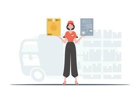 Accueil des produits. nourriture livraison. une femme courrier est en portant une boîte et une vérifier. branché plat style. vecteur. vecteur