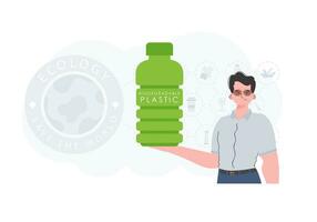 concept de vert monde et écologie. une homme détient une bouteille fabriqué de biodégradable Plastique dans le sien mains. tendance style.vecteur illustration. vecteur