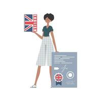 une femme détient un Anglais dictionnaire et une certificat dans sa mains. le concept de apprentissage Anglais. isolé. plat moderne style. vecteur. vecteur