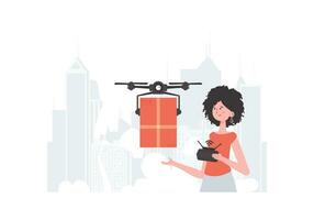 une femme contrôles une quadcopter avec une colis. livraison thème. vecteur illustration.