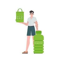 une homme détient un éco sac dans le sien mains. le concept de écologie et se soucier pour le environnement. isolé sur blanc Contexte. mode tendance illustration dans vecteur. vecteur