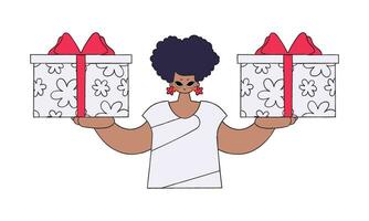 une femme est en portant cadeau des boites. le concept de le vacances et cadeaux. personnage dans le style de le Années 80 et années 90. vecteur