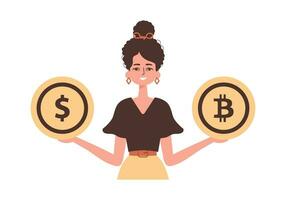 une femme détient une pièce de monnaie de bitcoin et dollar dans sa mains. personnage avec une moderne style. vecteur