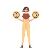 une femme détient une bitcoin et une dollar dans sa mains. personnage avec une moderne style. vecteur