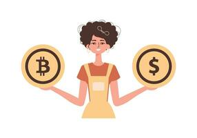 une femme détient dans sa mains une bitcoin et une dollar dans le forme de pièces de monnaie. personnage dans moderne branché style. vecteur