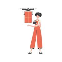 le concept de cargaison livraison par air. une femme contrôles une drone avec une colis. isolé. plat moderne conception. vecteur. vecteur