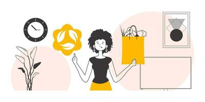 le concept de raisonnable consommation. femme, paquet avec des produits et éco logo. linéaire moderne style. vecteur