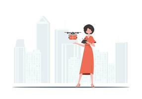une femme contrôles une drone avec une colis. livraison thème. branché style. vecteur illustration.