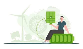 vert énergie concept. une homme est assis sur une batterie et détient une solaire panneau dans le sien mains. branché style. vecteur illustration.